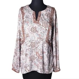 J. Jill floral split neck blouse boho long sleeve pink brown white size medium